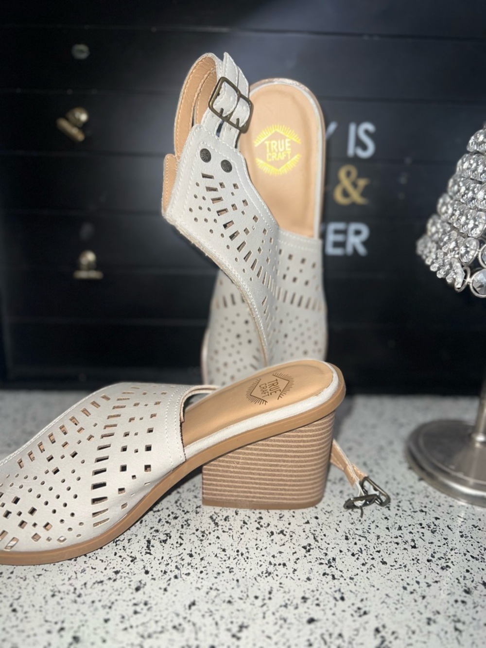 True Craft Beige Laser-Cut Slingback Block Heel Mules